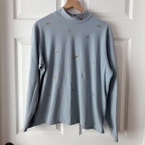 Light Blue Mock Neck Long Sleeve Top with Equestrian Horse Embroidery